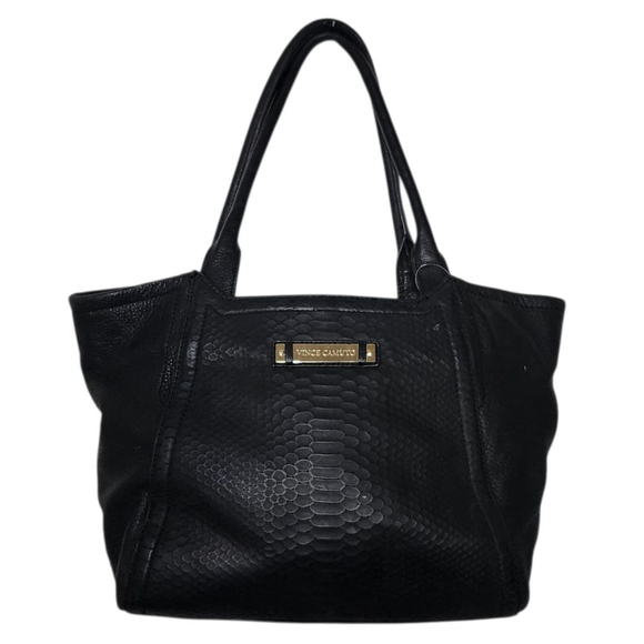 Vince Camuto Black Leather Snake Embossed Tote Purse Bag - Picture 1 of 6